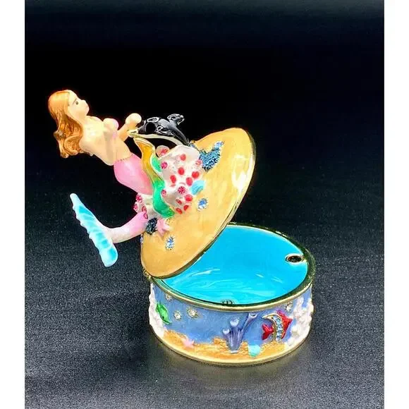 Mermaid Trinket Box Ocean Scene Enamel Seahorse Fish Keepsake